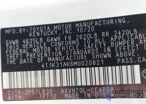 2021 Toyota Camry Xse Hybrid from USA, damaged, VIN 4T1K31AK6MU020821